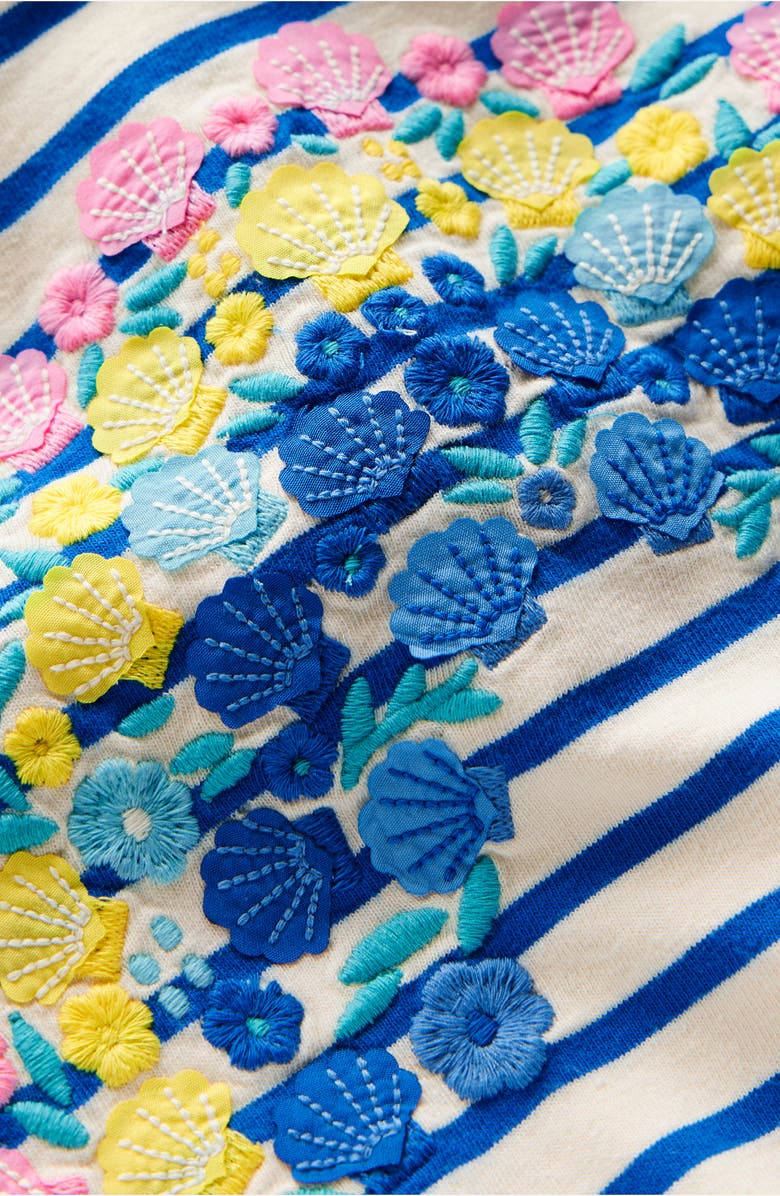 Mini Boden Kids' Stripe Shell Appliqué Cotton Graphic T-Shirt, Alternate, color, Peacock Plume Blue/ Soft Ivory
