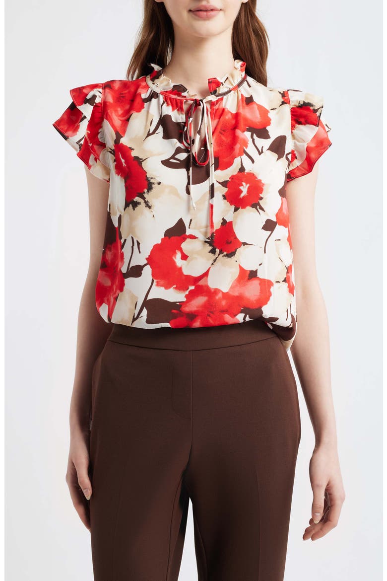 Ruffle Tie Neck Top, Main, color, WHITE DOVE MULTI