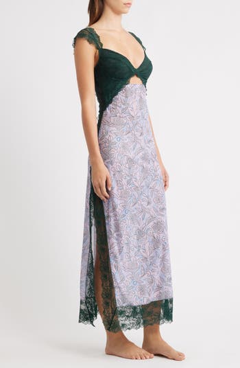 Suddenly Fine Floral Print Cutout Lace Trim Nightgown