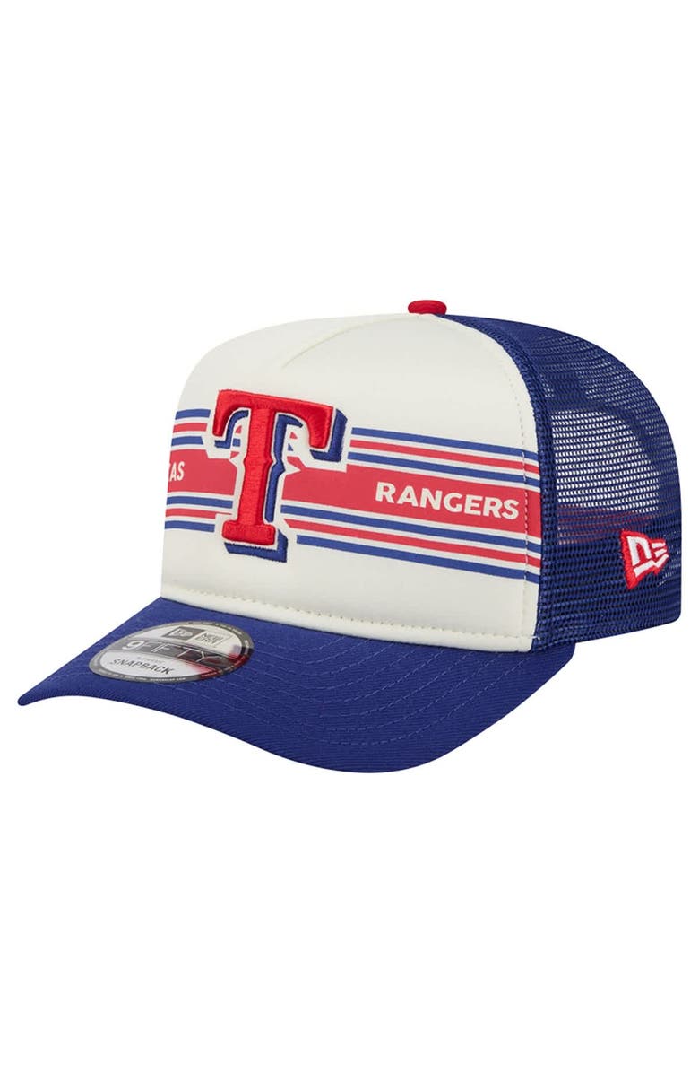 New Era Men's New Era Cream/Royal Texas Rangers Banner A-Frame 9FIFTY Trucker Snapback Hat, Main, color, Cream