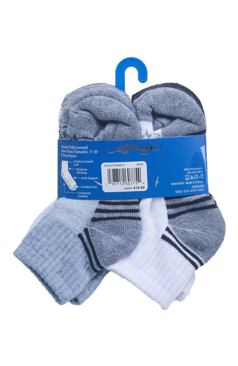 Ed Hardy Athletic Half Cushion Quarter Sock 8-Pack, Alternate, color, Black White Grey