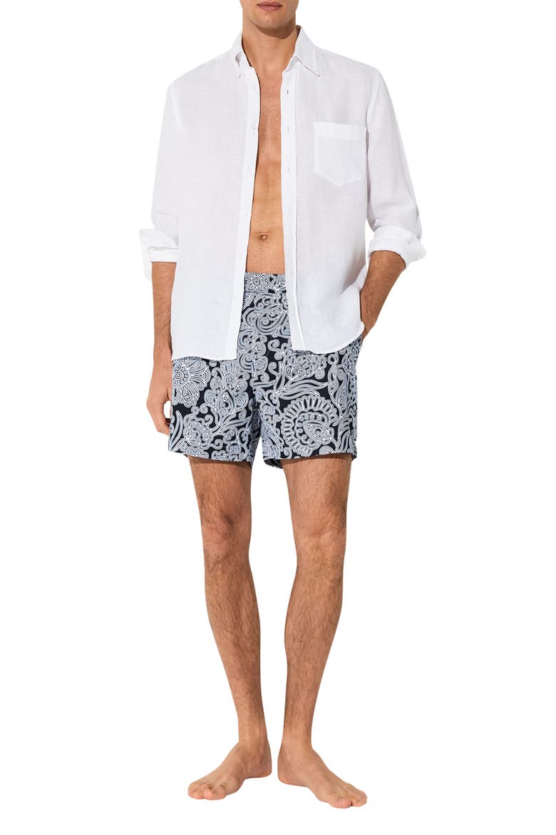 Fallow Floral Side Adjuster Swim Trunks, Alternate, color, NAVY