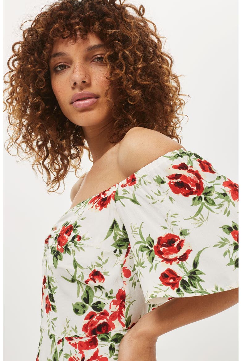 Bardot Rose Print Midi Dress, Alternate, color, IVORY MULTI