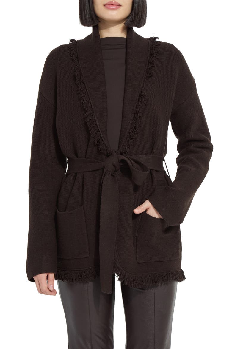 Dixie Fringe Belted Cardigan, Main, color, DOUBLE ESPRESSO