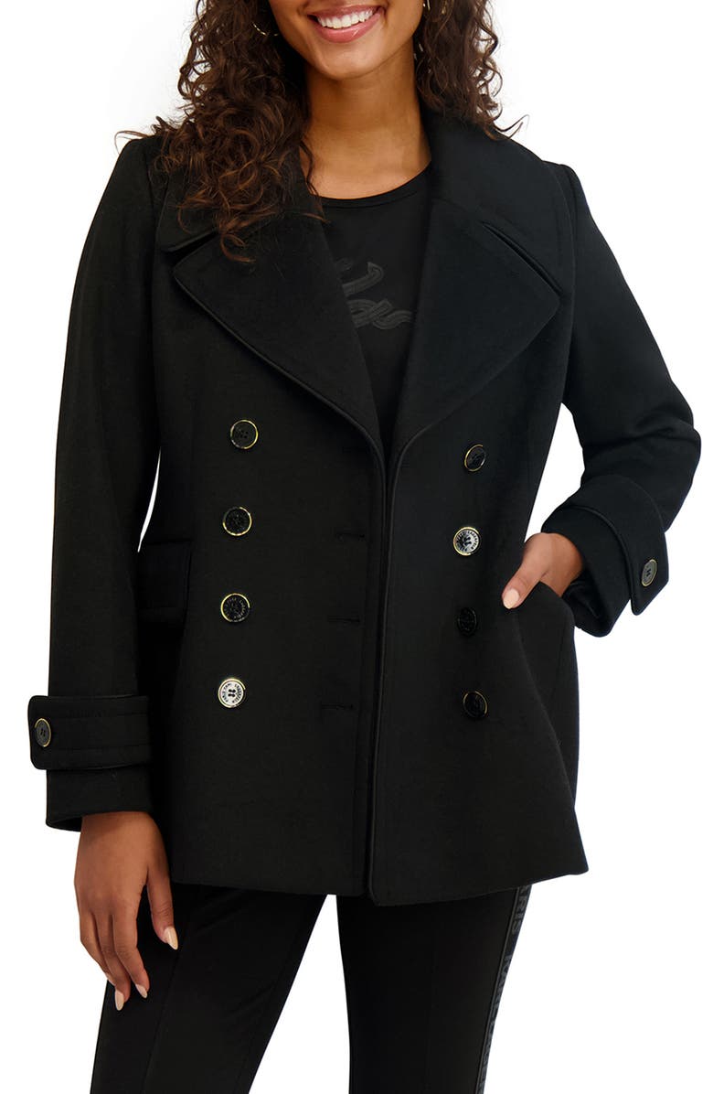 KARL LAGERFELD PARIS Piped Double Breasted Coat, Main, color, Black