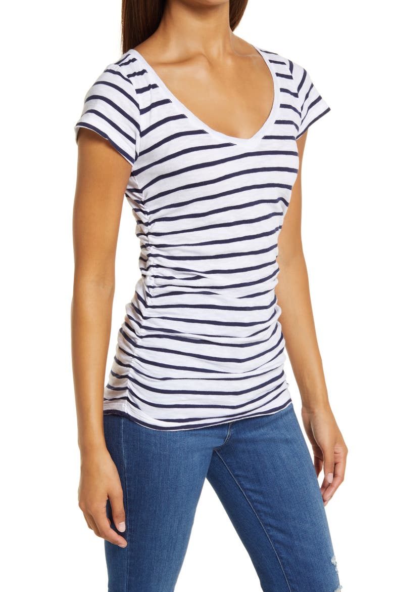 Shirred V-Neck Tee, Alternate, color, WHITE- NAVY STRIPE