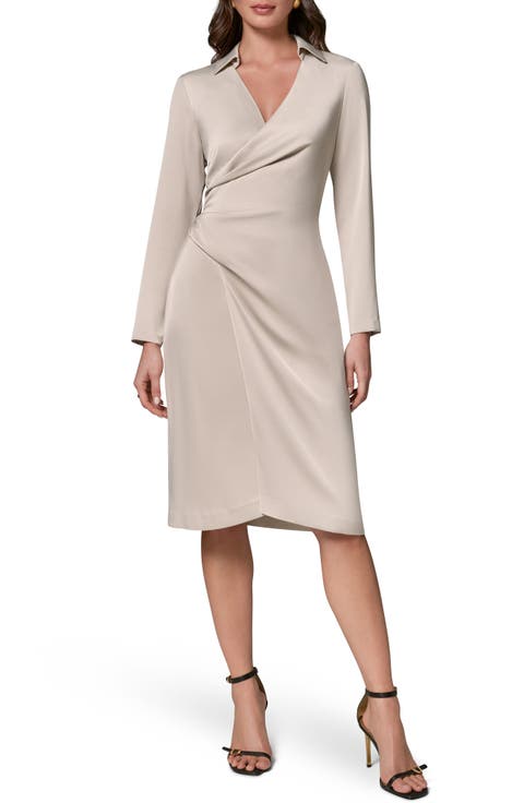 Long Sleeve Faux Wrap Satin Dress