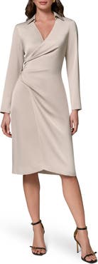 Donna Karan New York Long Sleeve Faux Wrap Satin Dress