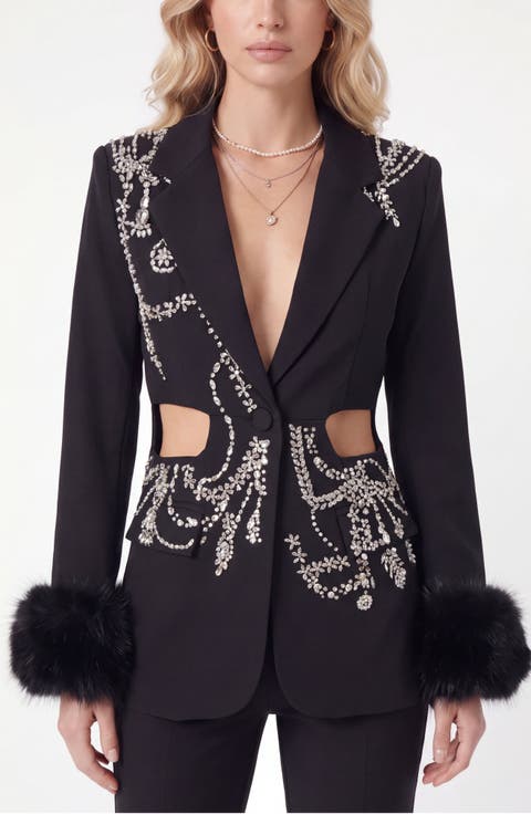 Crystal Embellished Cutout Plush Cuff Blazer