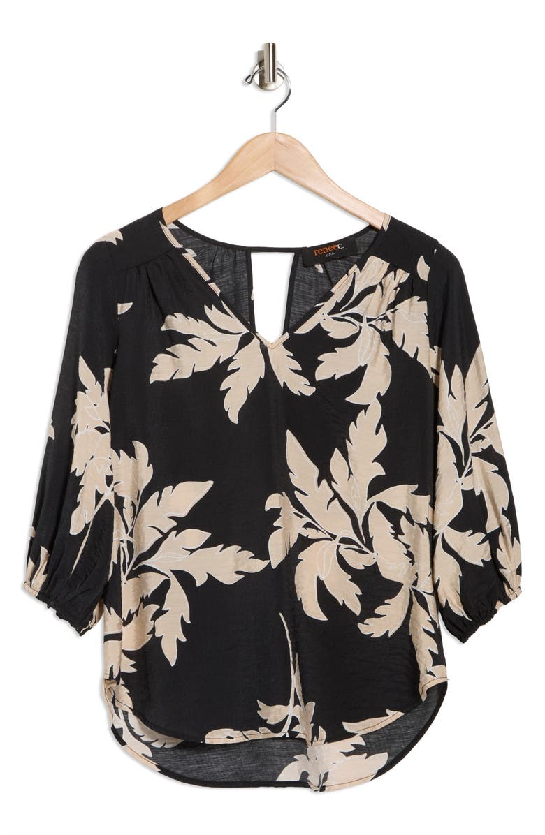 Renee C Floral V-Neck Keyhole Top, Alternate, color, 