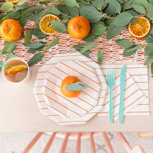Daydream Society Frenchie Striped Large Plates In Clementine