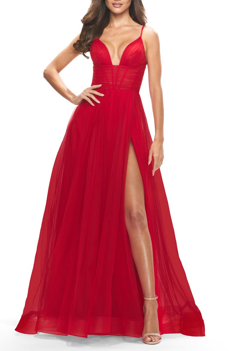 A-Line Tulle Gown with Illusion Bodice and Boning, Alternate, color, Red