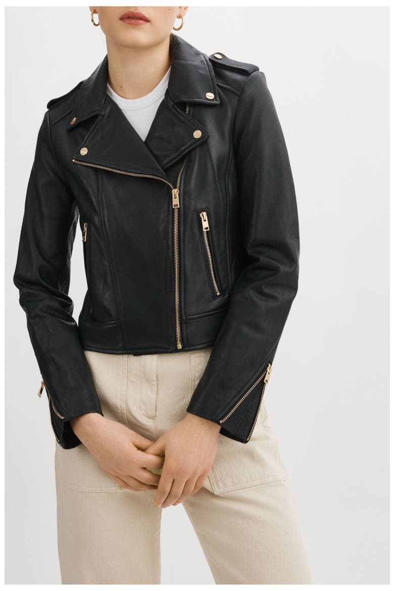 DONNA GOLD | Iconic Leather Biker Jacket, Alternate, color, Black