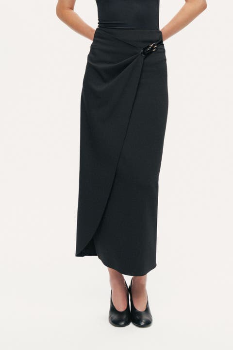 Ring-Buckle Asymmetric Wrap Maxi Skirt