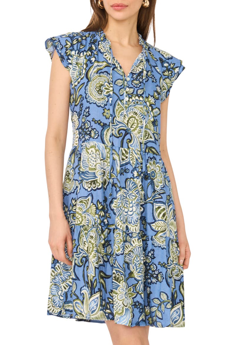 Floral Cap Sleeve Tiered Dress, Alternate, color, BLUE MULTI