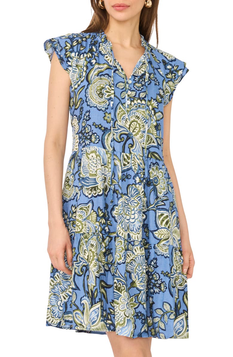 Halogen<sup>®</sup> Floral Cap Sleeve Tiered Dress, Alternate, color, Blue Multi