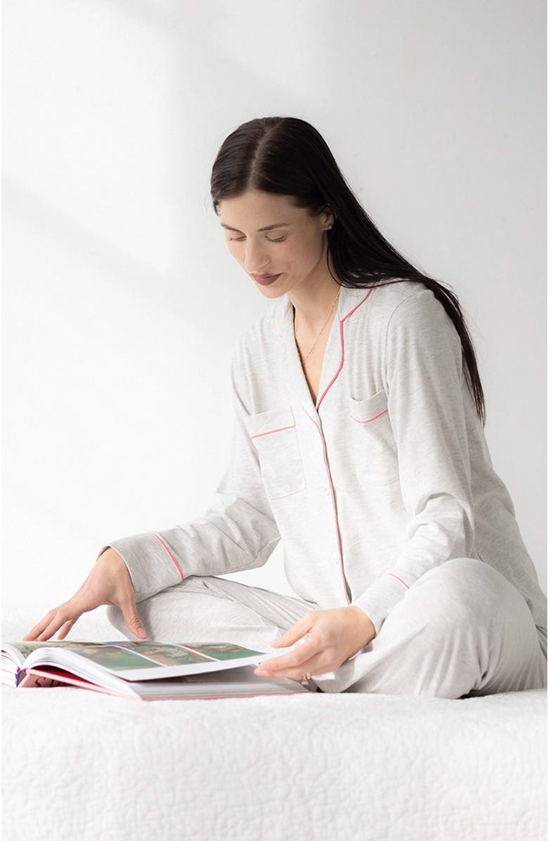 SALUA Classic Luxury Pajamas in Brushed Pima Cotton, Main, color, Heather Grey/Neon Pink