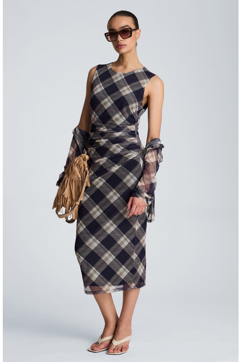 Ruched Plaid Midi Dress, Alternate, color, DARK NAVY MULTI