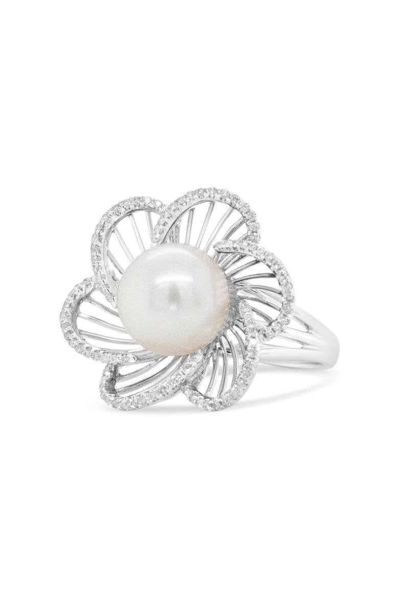 14K White Gold 11mm Pearl and 1/3 Cttw Diamond Openwork Flower Blossom Ring, Main, color, White