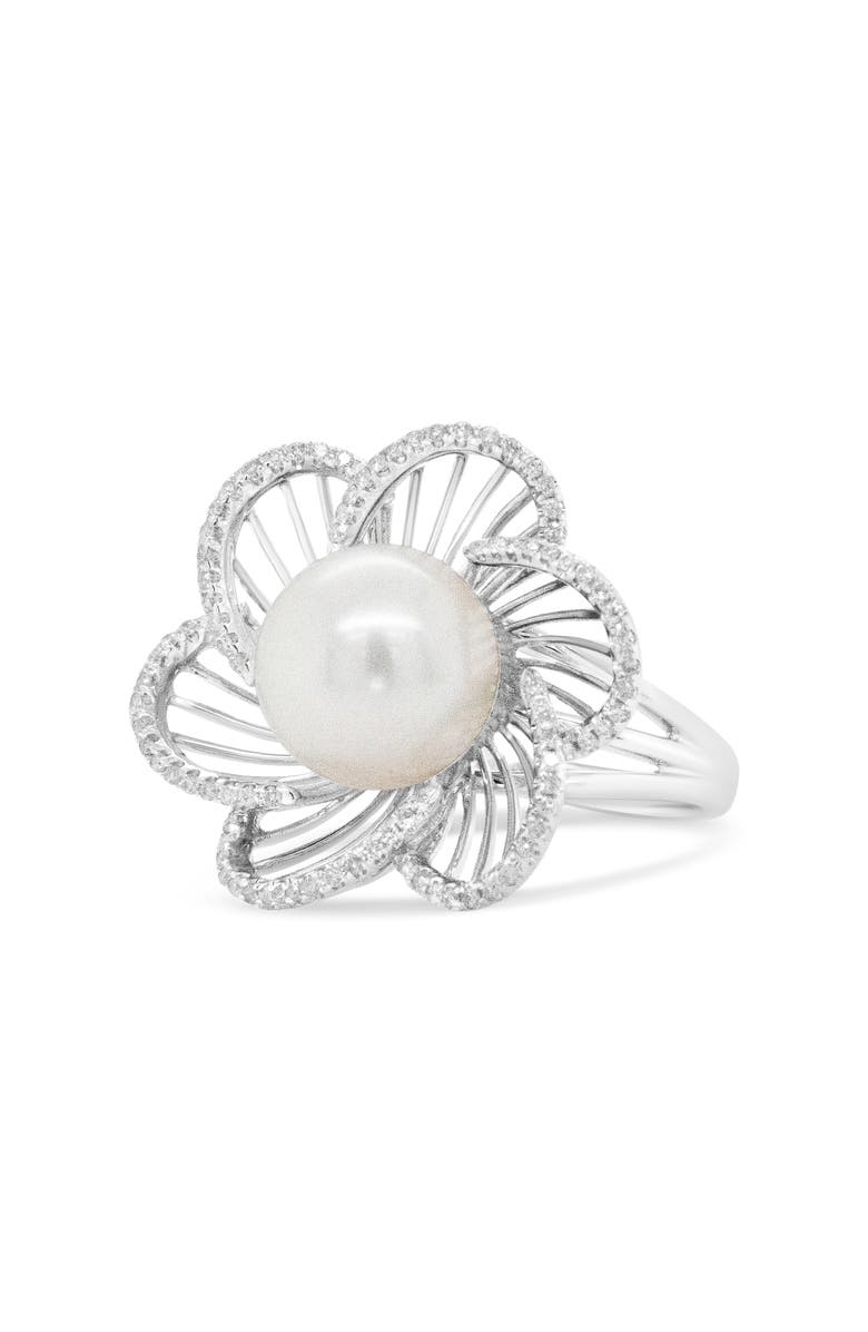 Haus of Brilliance 14K White Gold 11mm Pearl and 1/3 Cttw Diamond Openwork Flower Blossom Ring, Main, color, White