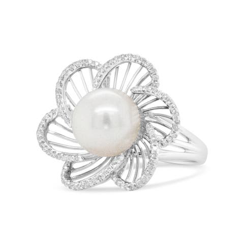 14K White Gold 11mm Pearl and 1/3 Cttw Diamond Openwork Flower Blossom Ring