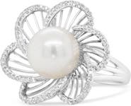 Haus of Brilliance 14K White Gold 11mm Pearl and 1/3 Cttw Diamond Openwork Flower Blossom Ring