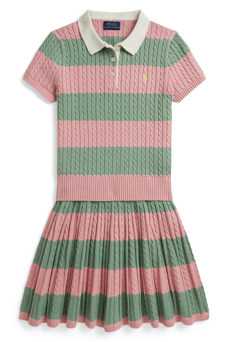 Kids' Cable Knit Polo Sweater & Skirt Set, Main, color, ADIRONDACK ROSE MULTI