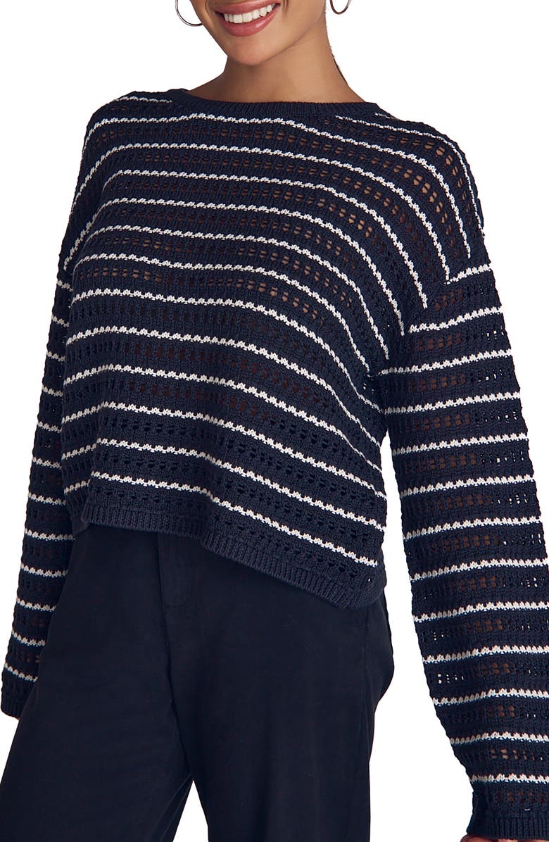 Bella Dahl Open Stitch Cotton & Silk Crop Sweater, Alternate, color, Black/ Ivory Stripe