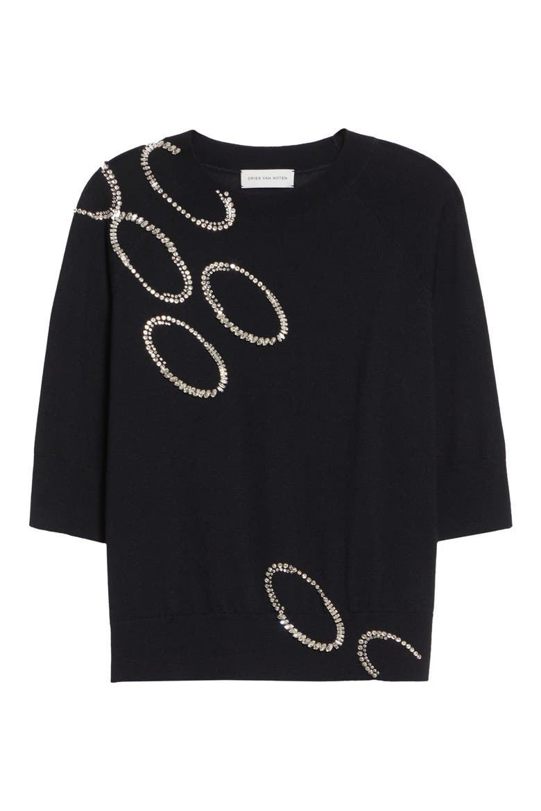 Embellished Merino Wool Sweater, Alternate, color, BLACK