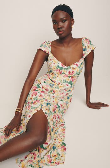 Reformation Baxley Floral Print Flutter Sleeve Midi Dress