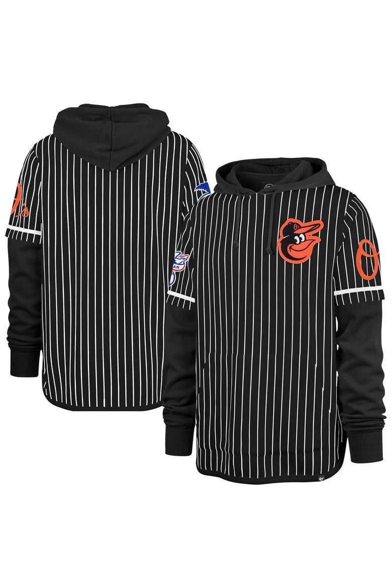 Men's '47  Black Baltimore Orioles Pinstripe Double Header Pullover Hoodie, Alternate, color, Black