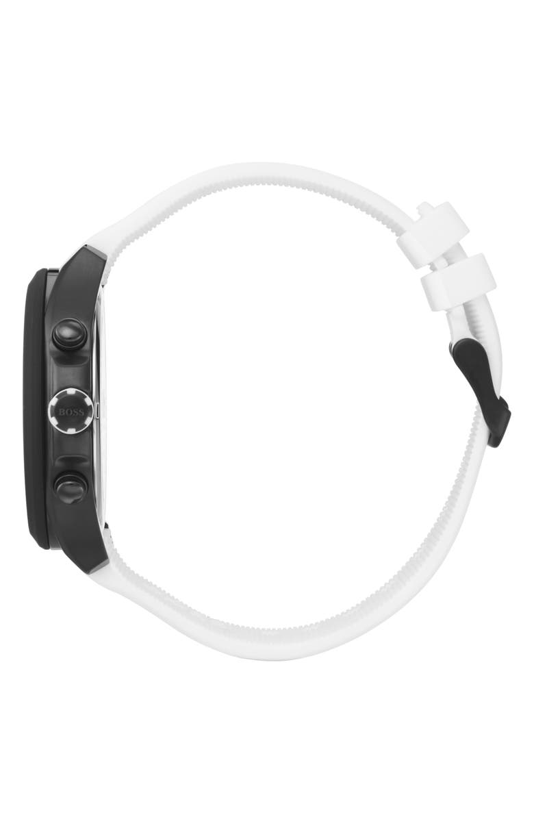 BOSS Velocity Chronograph Rubber Strap Watch, 45mm, Alternate, color, White/ Black