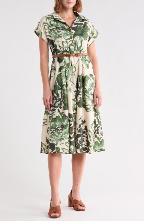Floral Short Sleeve Belted Midi Dress