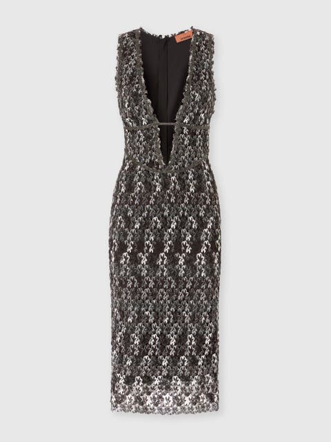 Midi Dress With V-neck And Embroidered Lace