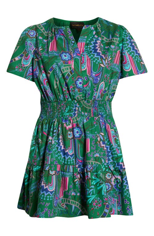 Sugarlips Vesper Geo Aylin Smocked Waist Cotton Minidress In Green
