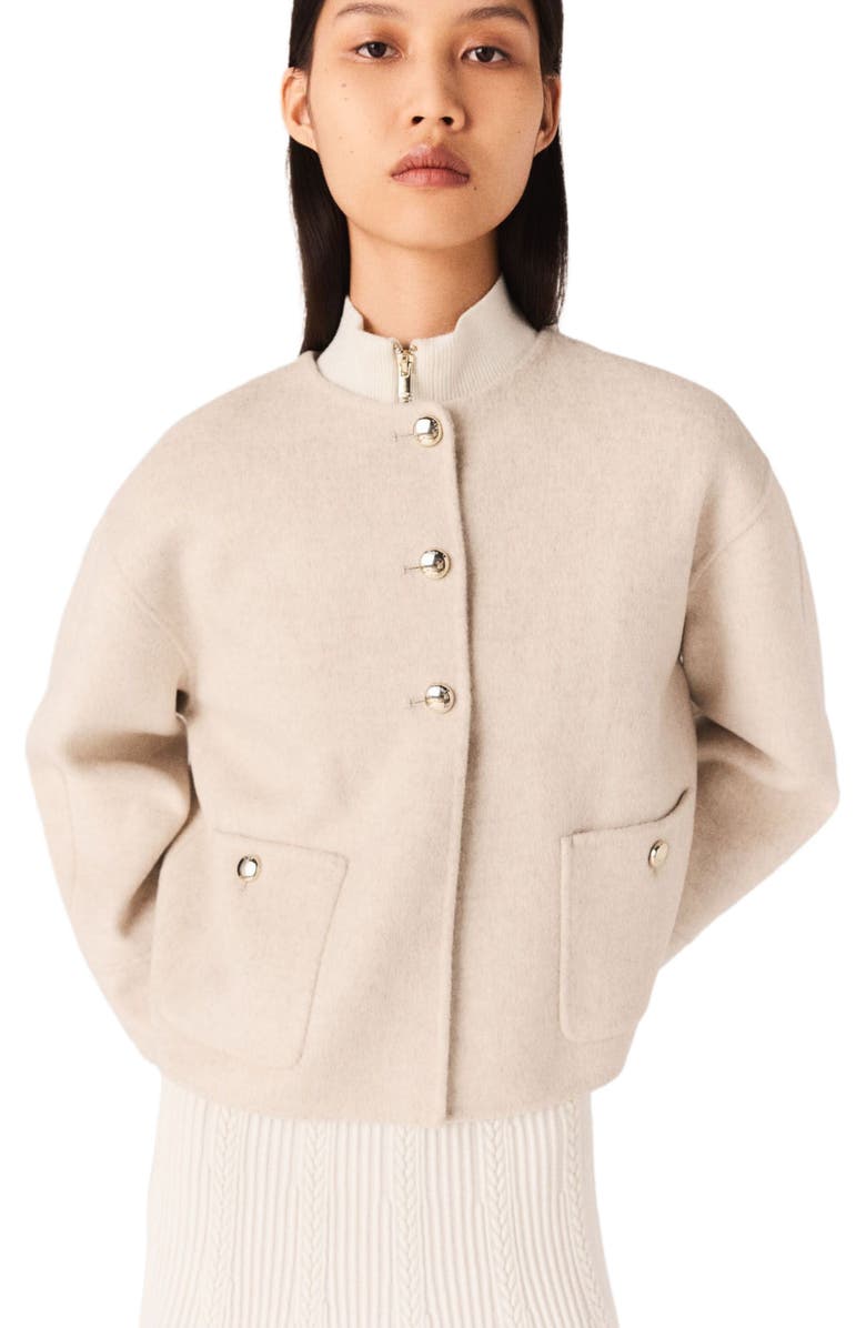 maje Cropped wool coat with removable scarf, Alternate, color, 