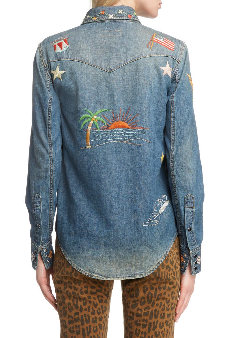 Embroidered Western Denim Shirt, Alternate, color, RUSTY BLUE