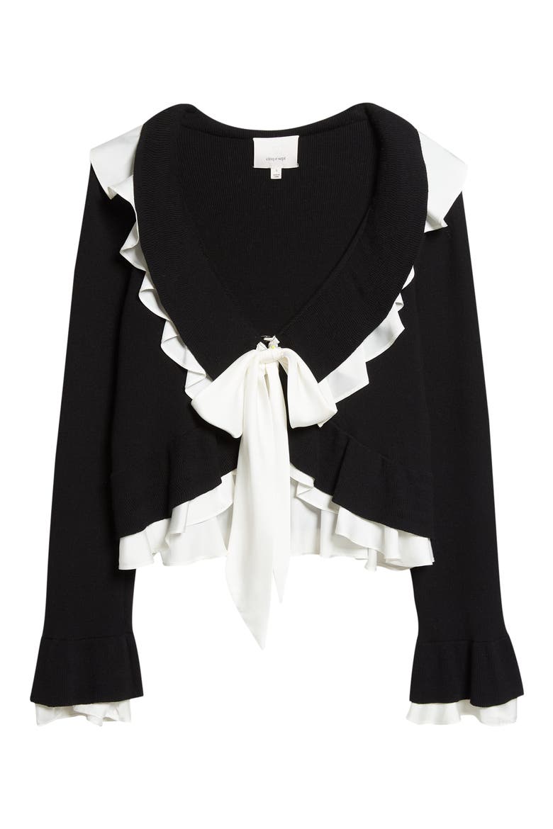 Melinda Ruffle Tie Front Cardigan, Alternate, color, BLACK/ GARDENIA