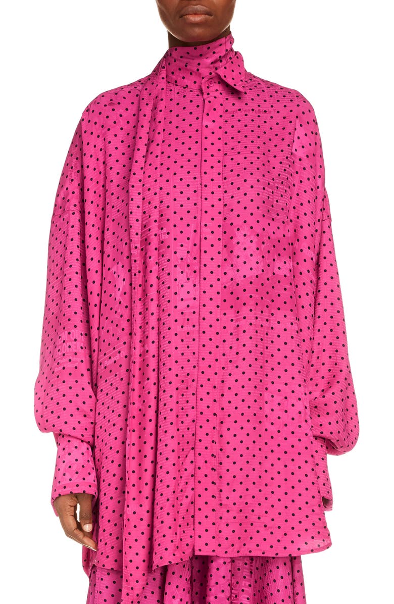 Balenciaga Polka Dot Print Newspaper Jacquard Tie Neck Tuxedo Blouse, Main, color, 