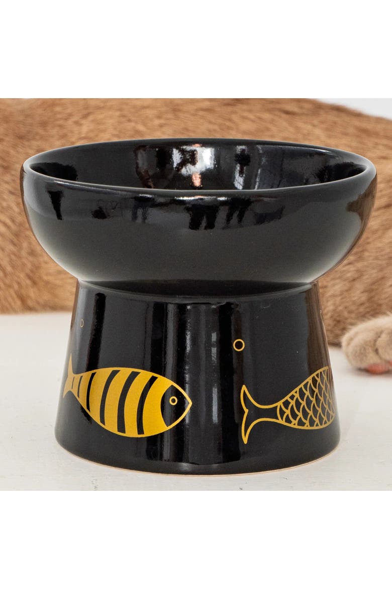 Elevated Ceramic Cat Bowl, Black & Gold Fish, 7oz, Alternate, color, Black