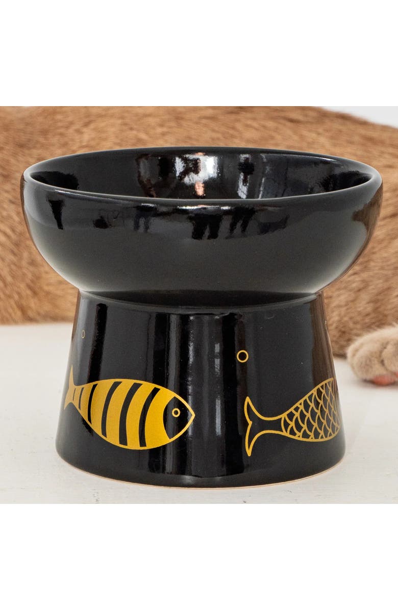 Dexypaws Elevated Ceramic Cat Bowl, Black & Gold Fish, 7oz, Alternate, color, Black