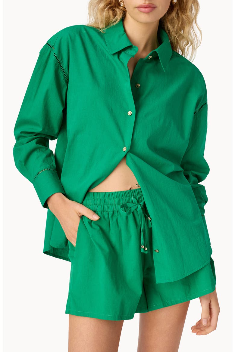Sumayya Oversize Ladder Stitch Inset Cotton Button-Up Shirt, Main, color, JADE