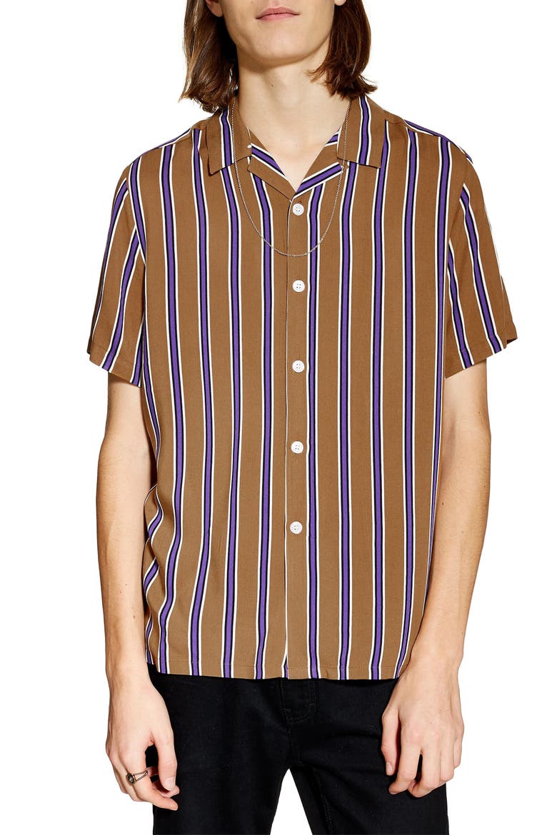Stripe Revere Collar Camp Shirt, Main, color, BROWN MULTI