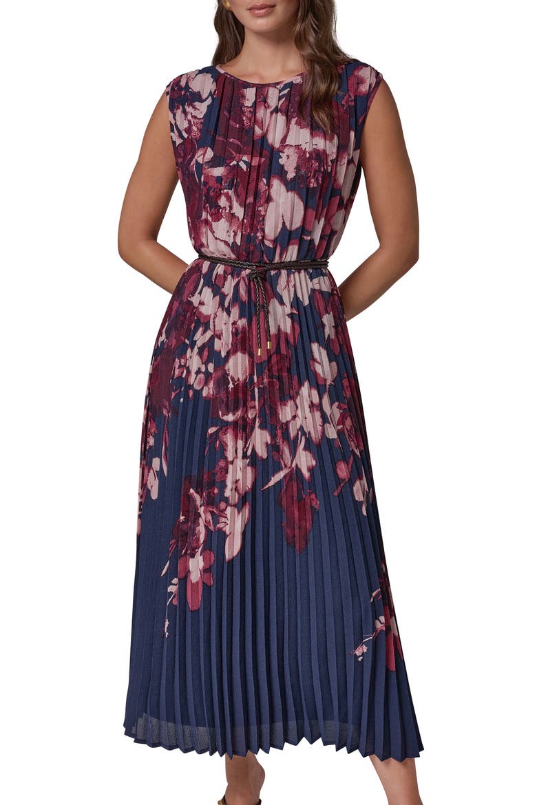 Placed Floral Pleated Chiffon Midi Dress, Alternate, color, NAVY/ BLCK