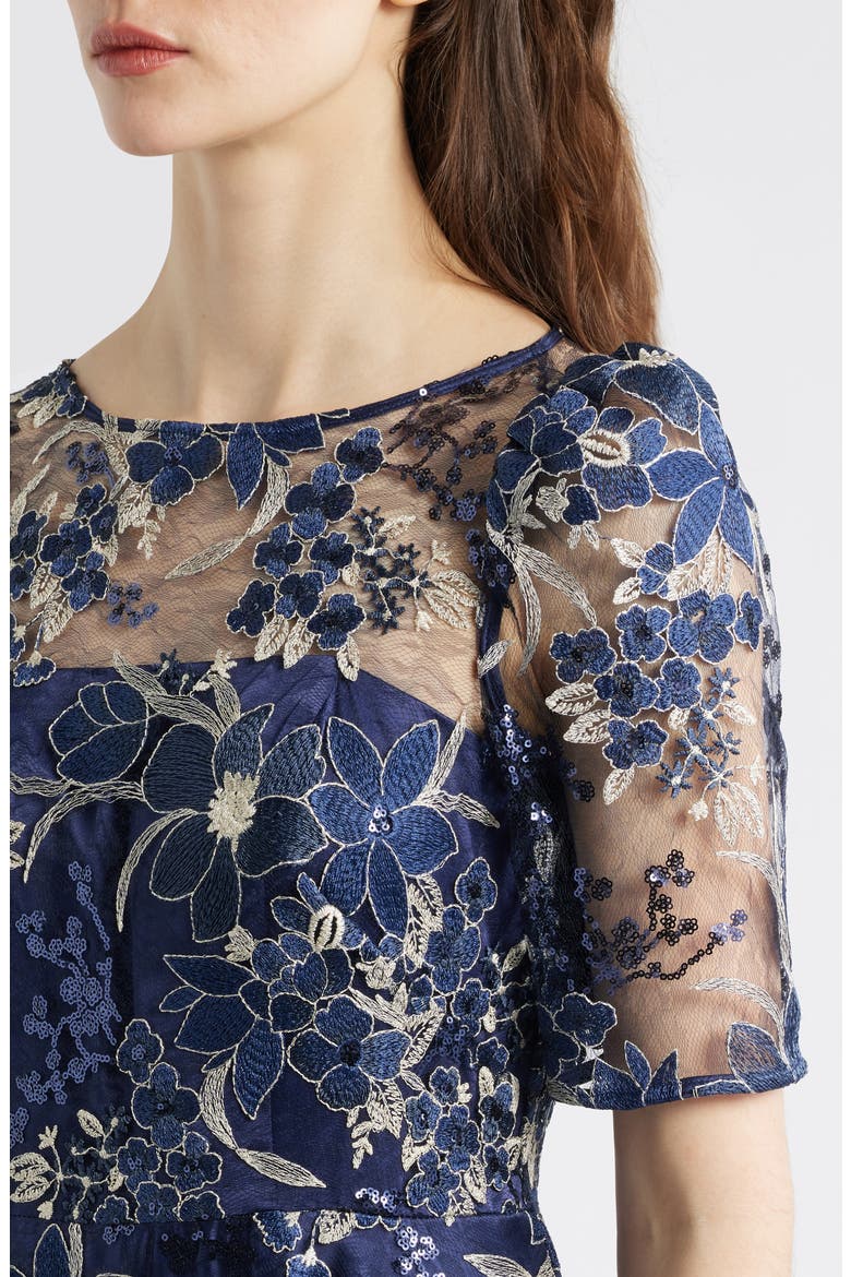 Illusion Embroidered Fit & Flare Cocktail Dress, Alternate, color, NAVY