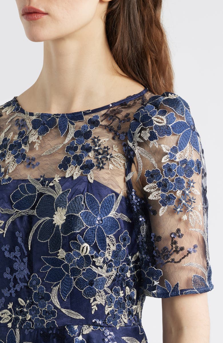 Eliza J Sequin Floral Embroidery Fit 
Flare Cocktail Midi Dress, Alternate, color, Navy