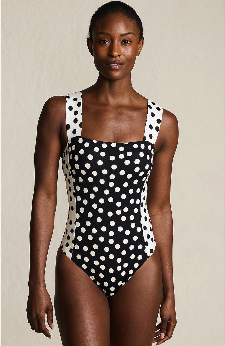 Lands
End Square Neck High Leg One Piece Swimsuit, Main, color, Black/Egret Mixed Tossed Dots