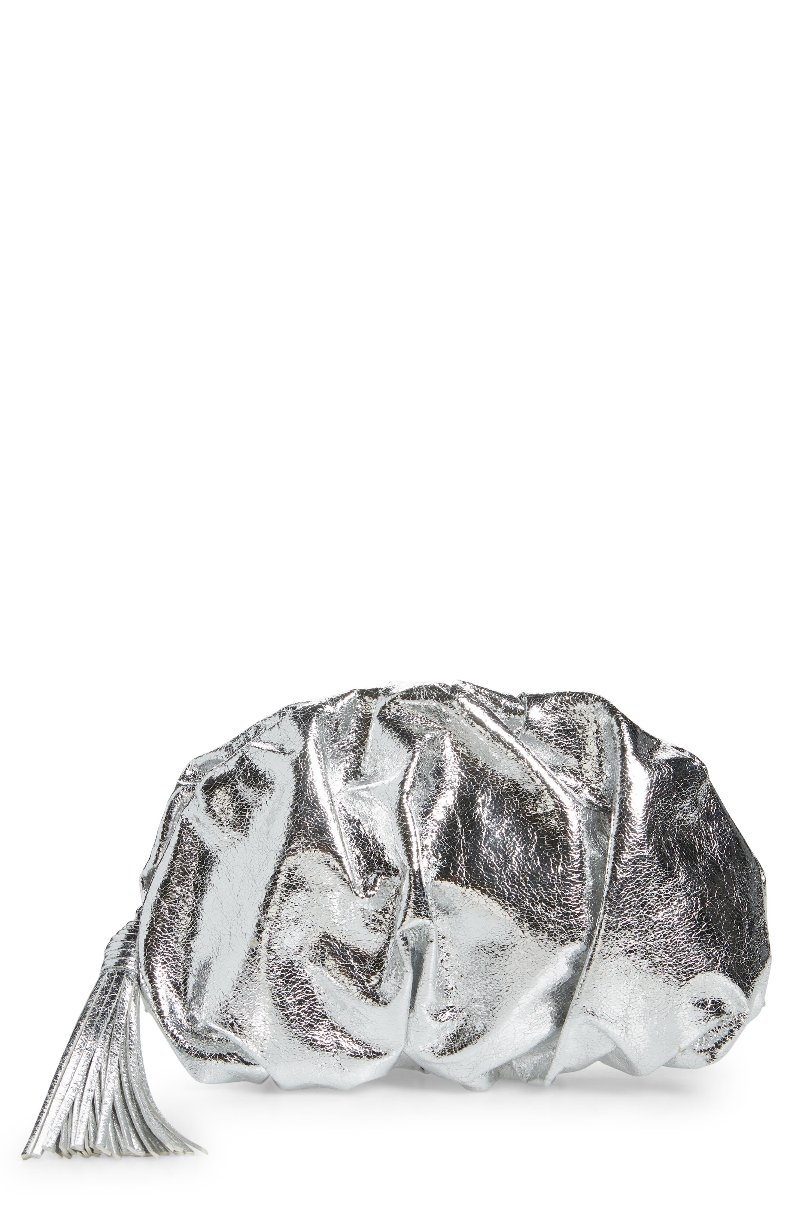 Rebecca Minkoff Ruched Faux Leather Clutch, Main, color, Silver