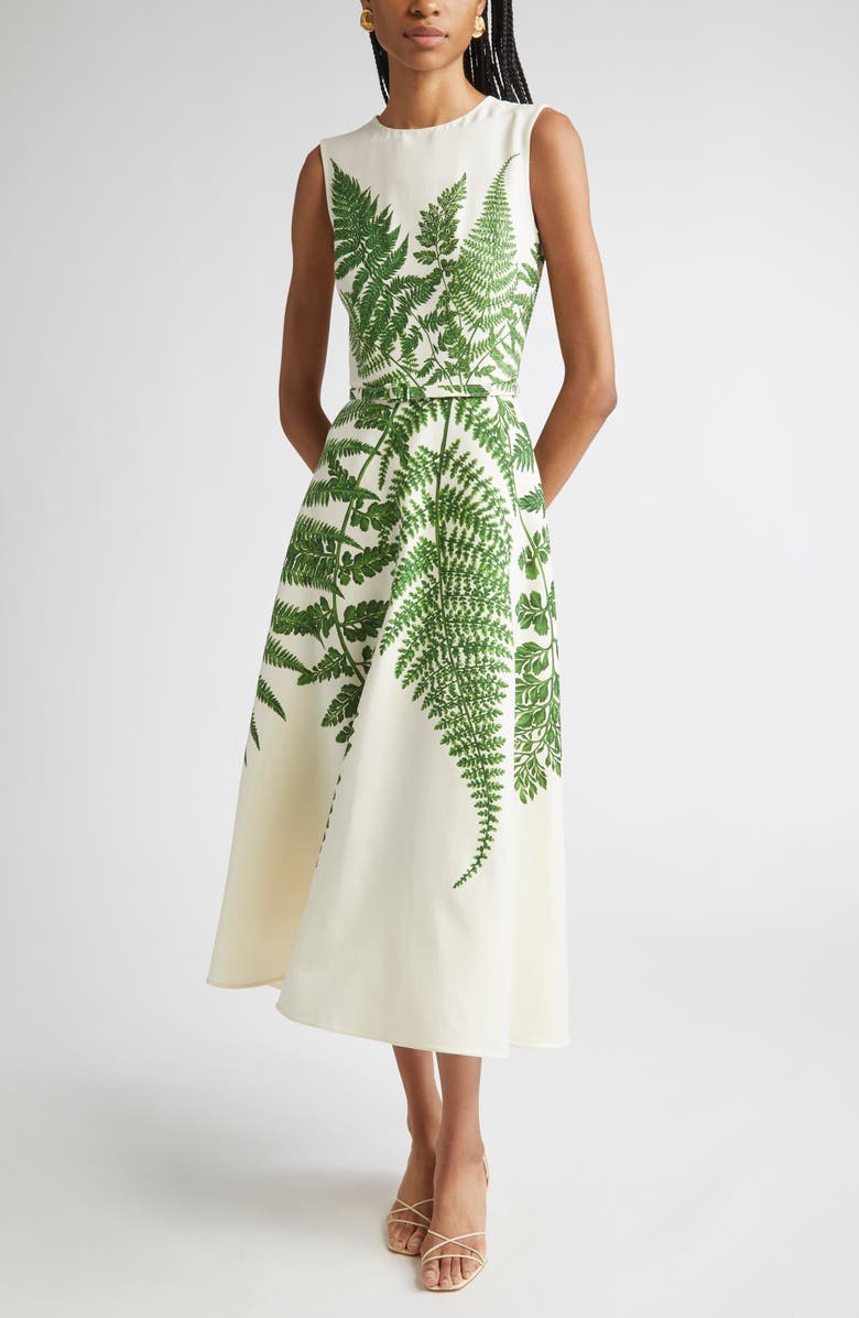 Oscar de la Renta Placed Fern Print Wool Blend A-Line Dress, Main, color, Green/ Ivory