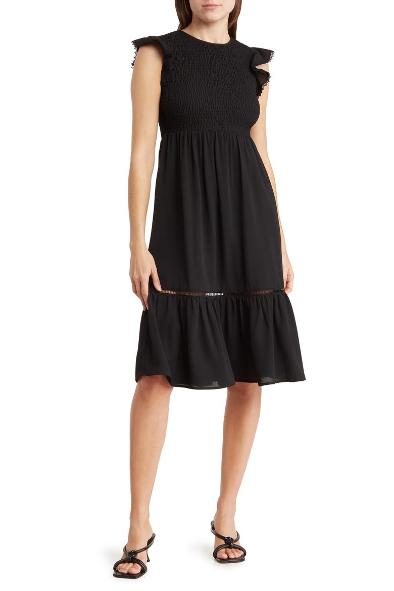 Smocked Flutter Sleeve Midi Dress, Main, color, BLACK
